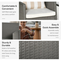 Outsunny 3 Pc Outdoor Rattan Sofa Set W/ Chairs Coffee Table Cushion Light Grey - thumbnail 7