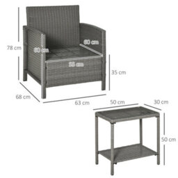 Outsunny 3 Pc Outdoor Rattan Sofa Set W/ Chairs Coffee Table Cushion Light Grey - thumbnail 3