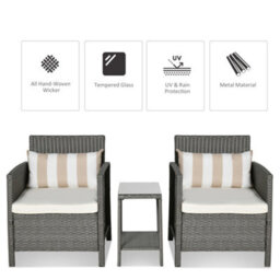 Outsunny 3 Pc Outdoor Rattan Sofa Set W/ Chairs Coffee Table Cushion Light Grey - thumbnail 4