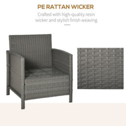 Outsunny 3 Pc Outdoor Rattan Sofa Set W/ Chairs Coffee Table Cushion Light Grey - thumbnail 5