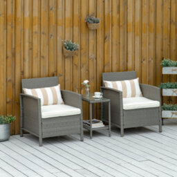 Outsunny 3 Pc Outdoor Rattan Sofa Set W/ Chairs Coffee Table Cushion Light Grey