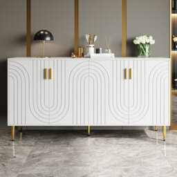 Btm White Sideboard 152X40X75Cm With Wave Design Golden Handles And Legs For Elegant Modern Dining Room Style
