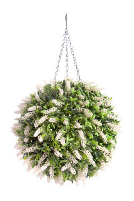 Best Artificial 38Cm White Lush Lavender Hanging Basket Flower Topiary Ball - Suitable For Outdoor Use - Weather & Fade Resistant - image 1