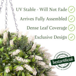 Best Artificial 38Cm White Lush Lavender Hanging Basket Flower Topiary Ball - Suitable For Outdoor Use - Weather & Fade Resistant - thumbnail 2