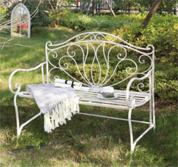 2 Seat Vintage Garden Bench - Wrought Iron Petal Design, Easy Assembly, White Antique Finish - 1040mm Wide