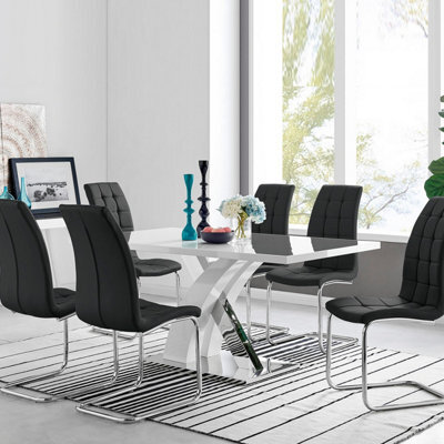 Furniturebox Uk Atlanta Modern Rectangle Chrome Metal High Gloss White Dining Table And 6 Black Murano Chairs Set - image 1