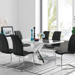 Furniturebox Uk Atlanta Modern Rectangle Chrome Metal High Gloss White Dining Table And 6 Black Murano Chairs Set - thumbnail 1