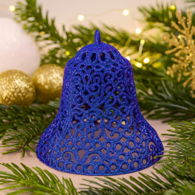 2 Pack Giant Glitter Christmas Bell Decoration 15Cm - Blue - image 1