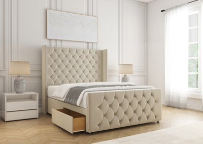"Bsspoke Divan Bed Set Cream Plush Velvet With 54"" Headboard & 20"" Footboard 2 Drawers Footend & No Mattress In 4Ft 4Ft6 5Ft 6Ft" - image 1