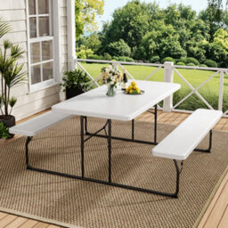 Thehotsale White Foldable Picnic Table Bench Set With Parasol Hole Portable Camping Trestle Table Chairs 6 Seater - thumbnail 1
