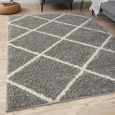 The Rugs Moroccan Shaggy Rugs And Runners Soft Fluffy Diamond Design High Pile Grey And Ivory Living Room Kitchen Hallway 510 - image 1