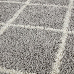 The Rugs Moroccan Shaggy Rugs And Runners Soft Fluffy Diamond Design High Pile Grey And Ivory Living Room Kitchen Hallway 510 - thumbnail 2
