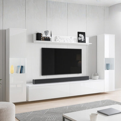 Paris Xl Living Room Wall Unit Modern Led Furniture Set With Tv Cabinet Shelves And Display Units White White Gloss - image 1