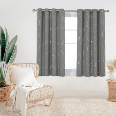 Deconovo Thermal Blackout Curtains Gold Wave Foil Printed Eyelet Curtains For Girls Bedroom, 66 X 54 Inch, Grey, One Pair - image 1