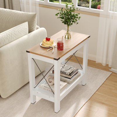 Darphe White And Wood Side Table With Lower Shelf Metal Cross Supports 60X31X55.7Cm - image 1