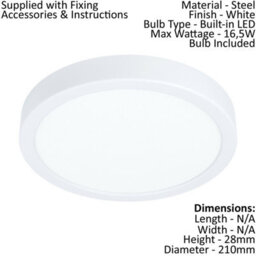 Stylish 210mm Round White Led Wall And Ceiling Light - 16.5W, 3000K Warm White - thumbnail 2