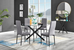 Furniturebox Uk Novara Black Leg 120Cm Round Glass Dining Table & 4 Grey Velvet Milan Black Leg Chairs - thumbnail 1