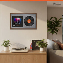 "30X17"" Walnut Modern Vinyl Record Frame With Mid Grey Mount For 12 Inch Lp Album Cover & Disc - Ak Frames" - thumbnail 5