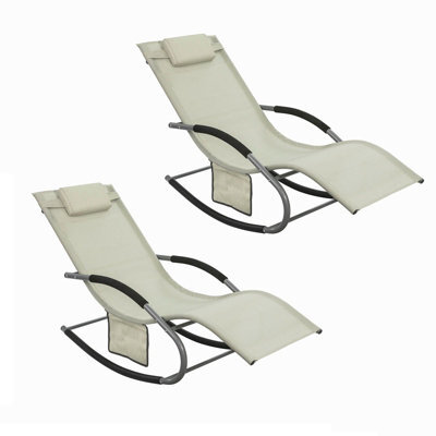 Sobuy Ogs28-Mix2, Set Of 2 Outdoor Garden Rocking Sun Lounger Recliner Relaxing Chair With Headrest And Side Bag, Beige - image 1