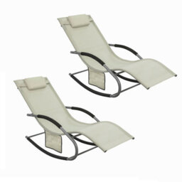 Sobuy Ogs28-Mix2, Set Of 2 Outdoor Garden Rocking Sun Lounger Recliner Relaxing Chair With Headrest And Side Bag, Beige - thumbnail 1