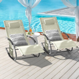 Sobuy Ogs28-Mix2, Set Of 2 Outdoor Garden Rocking Sun Lounger Recliner Relaxing Chair With Headrest And Side Bag, Beige - thumbnail 2