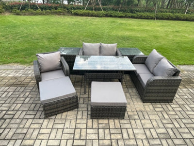 Fimous 7 Seater Lounge Rattan Sofa Set Outdoor Garden Furniture Oblong Rectangular Dining Table With Chairs 2 Big Footstool - image 1