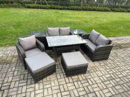 Fimous 7 Seater Lounge Rattan Sofa Set Outdoor Garden Furniture Oblong Rectangular Dining Table With Chairs 2 Big Footstool - thumbnail 2