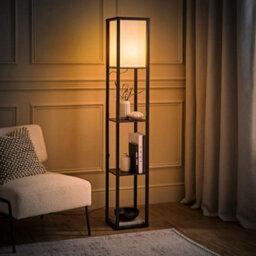 Valuelights Struttura Black Shelving Unit Floor Lamp With Fabric Shade And Bulb - thumbnail 3