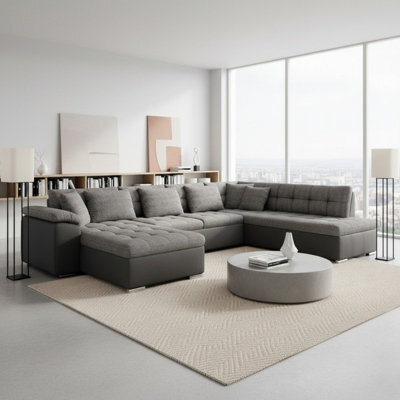 Niko Bis Fold Out U Shape Corner Sofa Chipboard Frame With Storage Bed 350X205X76 Cm Melange Grey And Grey Left - image 1