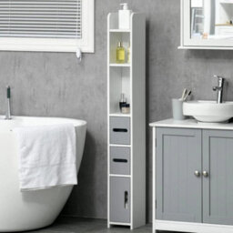 Grey Tall Bathroom Cabinet Slim Storage Unit Cupboard Shelves Drawers - thumbnail 3