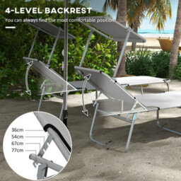 Outsunny Folding Sun Lounger Set Of 2 W/ Sunshade Adjustable Backrest Light Grey - thumbnail 4