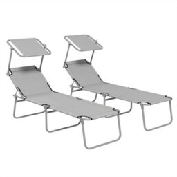 Outsunny Folding Sun Lounger Set Of 2 W/ Sunshade Adjustable Backrest Light Grey - thumbnail 2