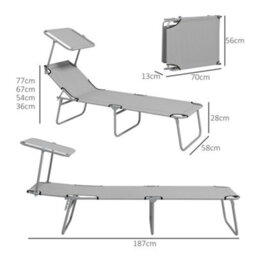 Outsunny Folding Sun Lounger Set Of 2 W/ Sunshade Adjustable Backrest Light Grey - thumbnail 3