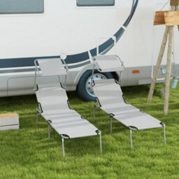 Outsunny Folding Sun Lounger Set Of 2 W/ Sunshade Adjustable Backrest Light Grey - thumbnail 1