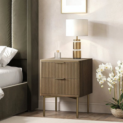 Dark Wood Ribbed 2 Drawer Bedside Table - image 1
