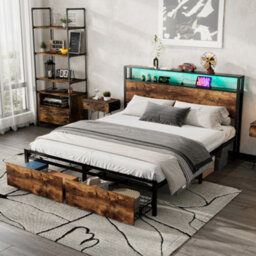 Metal Bed, 4Ft6 Double Bed 135X190Cm, With Led Light Strip And 2 Drawers, 2 Usb Port+1 Type, Wrought Iron Bed, Black+Walnut