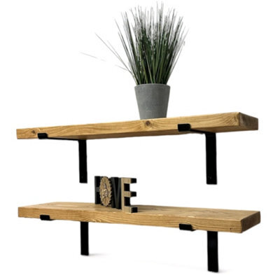 MKGT Set Of 2 Rustic Shelves, Wooden Shelving With Brackets For Wall (Rustic Pine, 130Cm (1.3M) - image 1