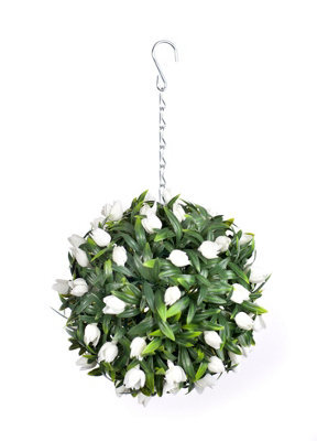 Best Artificial 24Cm Ivory White Tulip Hanging Basket Flower Topiary Ball - Suitable For Outdoor Use - Weather & Fade Resistant