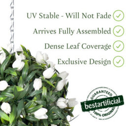 Best Artificial 24Cm Ivory White Tulip Hanging Basket Flower Topiary Ball - Suitable For Outdoor Use - Weather & Fade Resistant - thumbnail 2