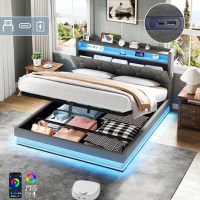 Btm 5Ft King Upholstered Storage Bed Frame Hydraulic Lift Led Headboard With Charging Station Usb Type C Linen Grey No Mattress - image 1