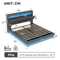 Btm 5Ft King Upholstered Storage Bed Frame Hydraulic Lift Led Headboard With Charging Station Usb Type C Linen Grey No Mattress - thumbnail 9