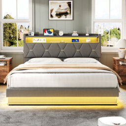 Btm 5Ft King Upholstered Storage Bed Frame Hydraulic Lift Led Headboard With Charging Station Usb Type C Linen Grey No Mattress - thumbnail 5