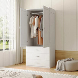 White 3 Drawers Double Door Bedroom Wood Wardrobe With 2/3 Drawer Storage & Clothes Hanging Rail - thumbnail 4