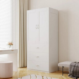 White 3 Drawers Double Door Bedroom Wood Wardrobe With 2/3 Drawer Storage & Clothes Hanging Rail - thumbnail 5