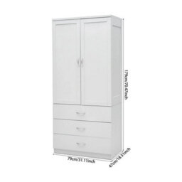 White 3 Drawers Double Door Bedroom Wood Wardrobe With 2/3 Drawer Storage & Clothes Hanging Rail - thumbnail 2