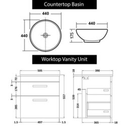 Royal Bathrooms 500mm Wall Hung Vanity Unit 2 Drawer Grey Elm & Breeze Countertop Basin With Brushed Brass Handle - thumbnail 4