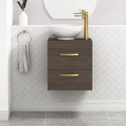 Royal Bathrooms 500mm Wall Hung Vanity Unit 2 Drawer Grey Elm & Breeze Countertop Basin With Brushed Brass Handle - thumbnail 1