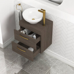 Royal Bathrooms 500mm Wall Hung Vanity Unit 2 Drawer Grey Elm & Breeze Countertop Basin With Brushed Brass Handle - thumbnail 3