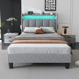 Matteo Grey Velvet 3Ft Single Upholstered Bed Frame With Led Lights, Usb Charging Ports & Smart Storage Headboard