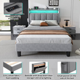 Matteo Grey Velvet 3Ft Single Upholstered Bed Frame With Led Lights, Usb Charging Ports & Smart Storage Headboard - thumbnail 6